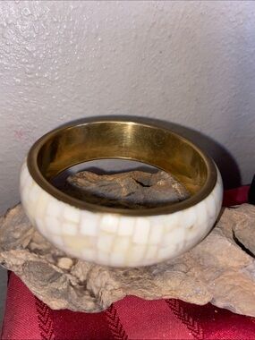 Vintage Thick Bone Mosaic Inlay Brass Bangle Bracelet